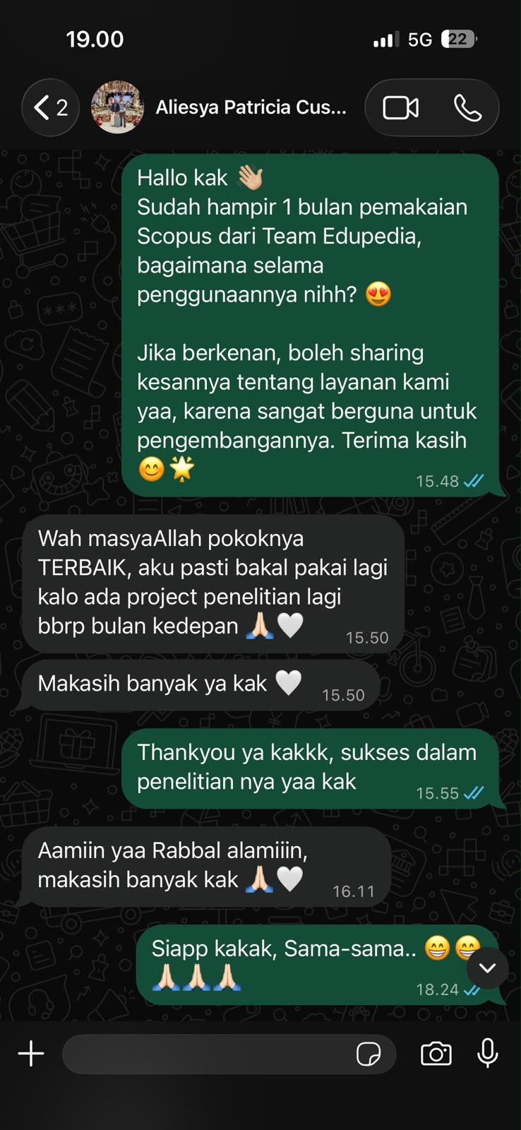 Tangkapan layar WhatsApp: pengguna membalas “Wah masyaAllah pokoknya TERBAIK, aku pasti bakal pakai lagi kalo ada project penelitian lagi” setelah hampir 1 bulan memakai Scopus dari Team EduPedia
