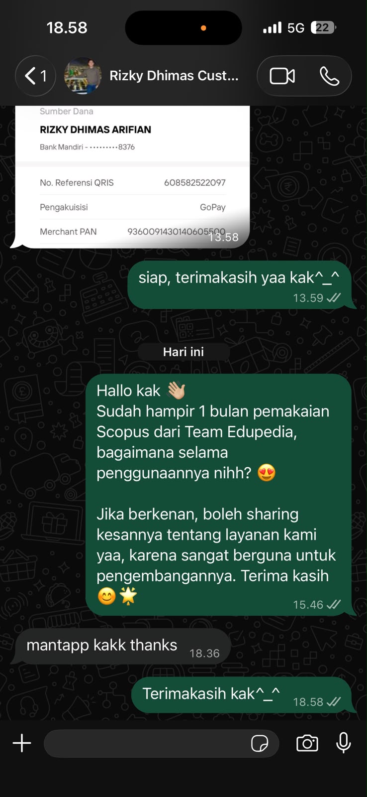 Tangkapan layar WhatsApp: pengguna membalas “mantapp kakk thanks” setelah hampir 1 bulan memakai Scopus dari Team EduPedia